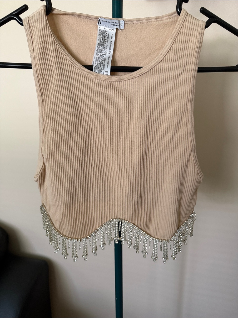 Zara Beige Ribbed Crop Tank with Rhinestone Fringe